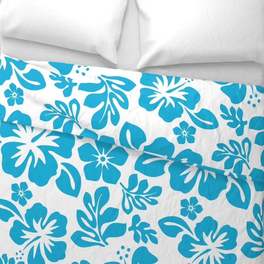 Ocean Aqua Blue Hawaiian Hibiscus Flowers on White Duvet Cover - Medium Scale