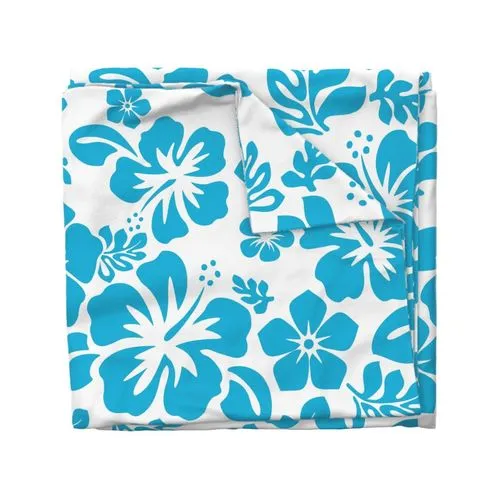 Ocean Aqua Blue Hawaiian Hibiscus Flowers on White Duvet Cover - Medium Scale