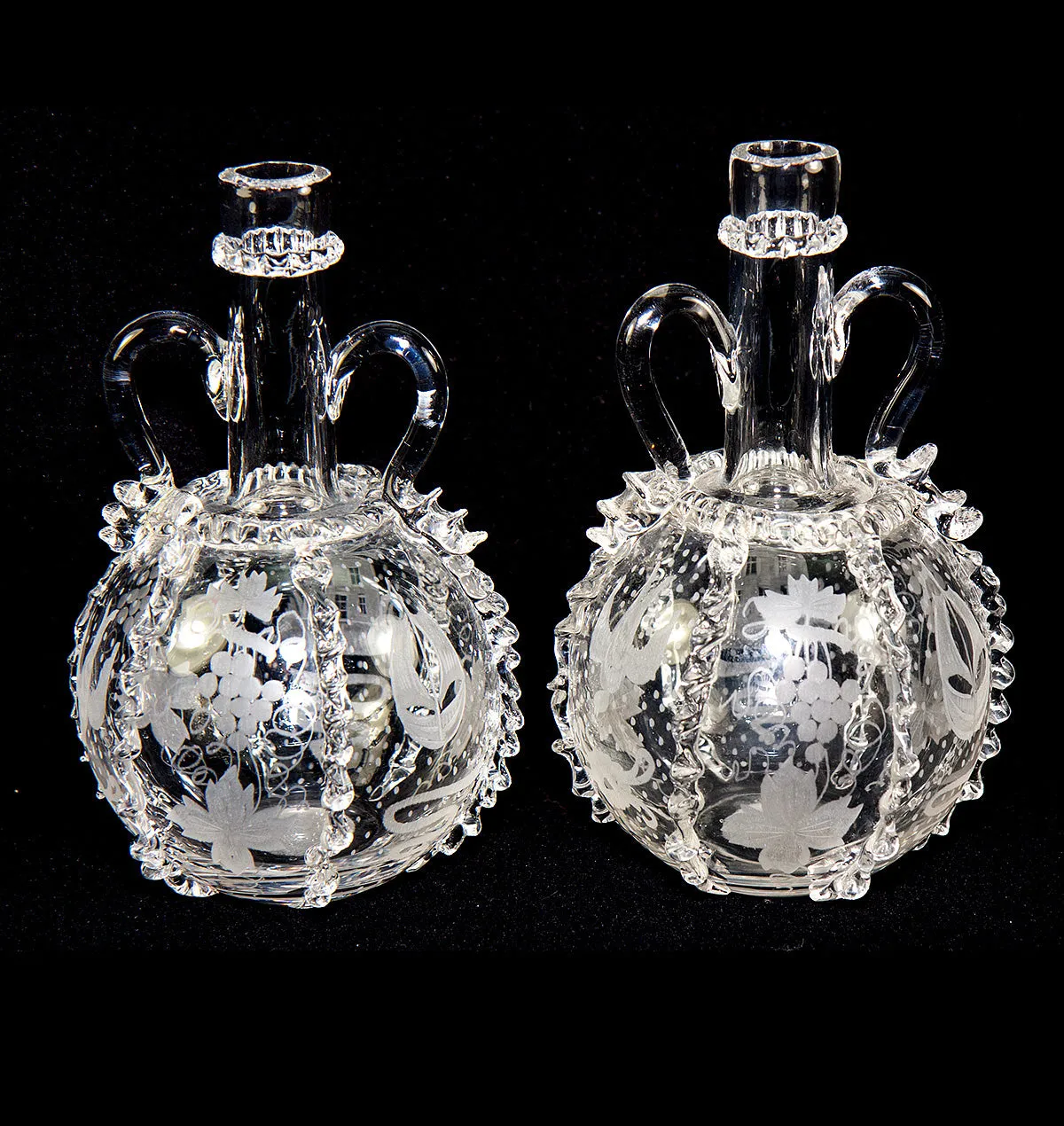 Pair (2) Antique 18th Century Dutch Engraved and Ruffled Blown Glass Wine Decanters, Windmill