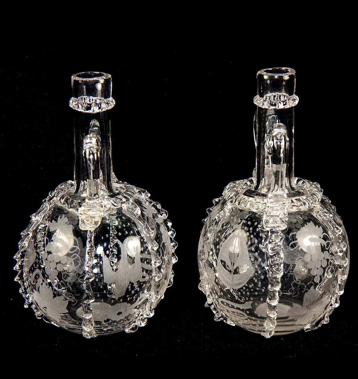 Pair (2) Antique 18th Century Dutch Engraved and Ruffled Blown Glass Wine Decanters, Windmill