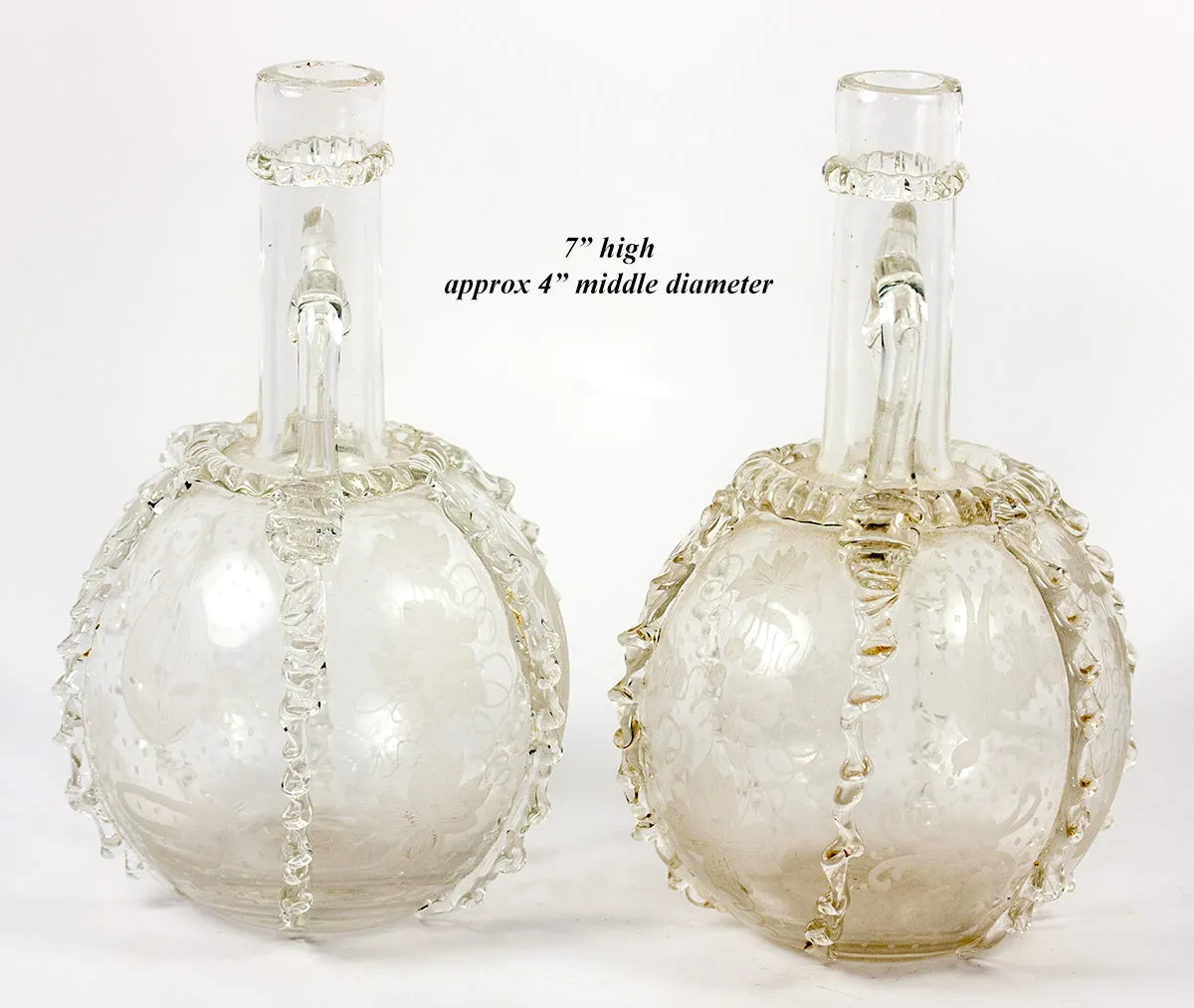 Pair (2) Antique 18th Century Dutch Engraved and Ruffled Blown Glass Wine Decanters, Windmill