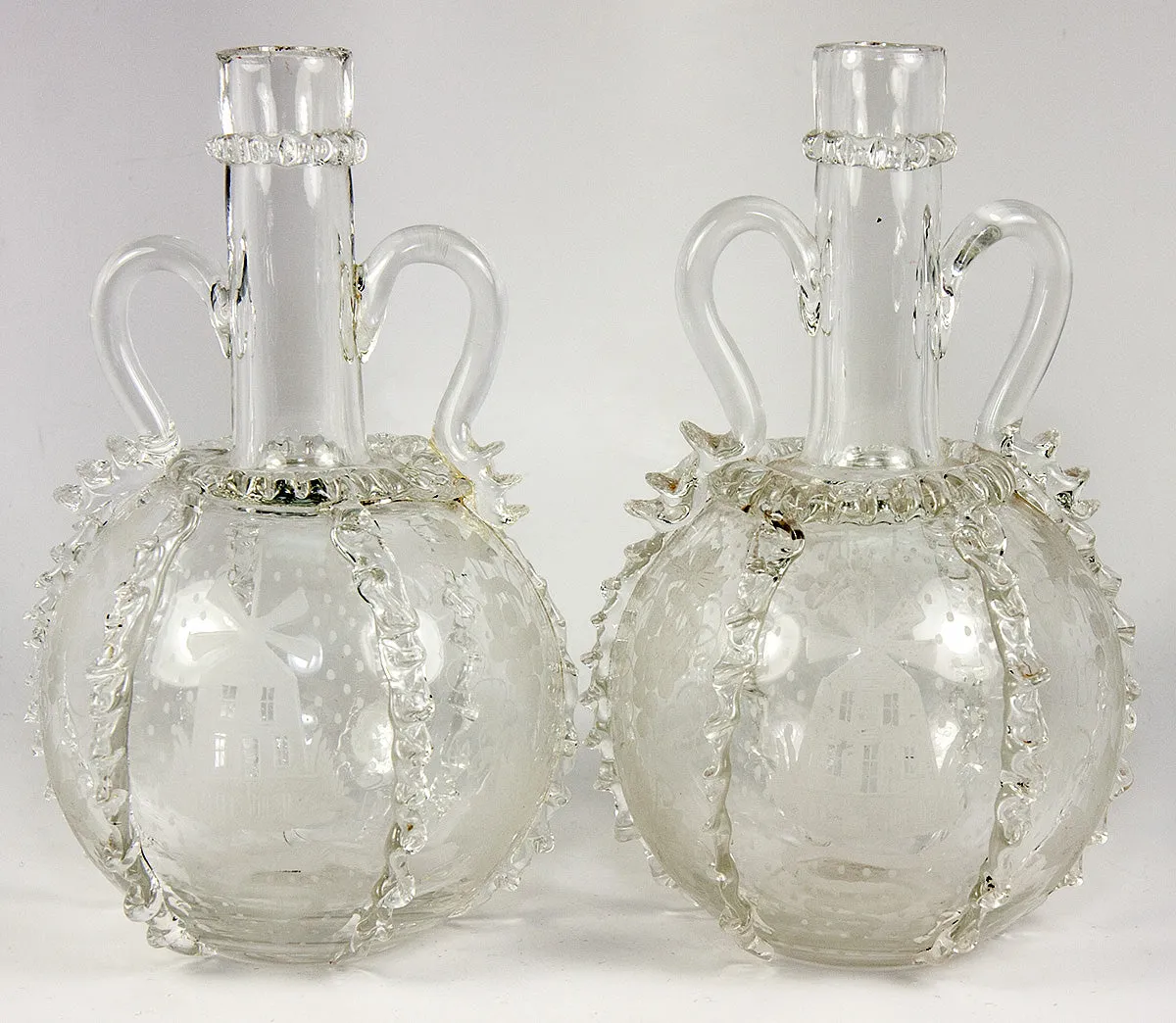 Pair (2) Antique 18th Century Dutch Engraved and Ruffled Blown Glass Wine Decanters, Windmill