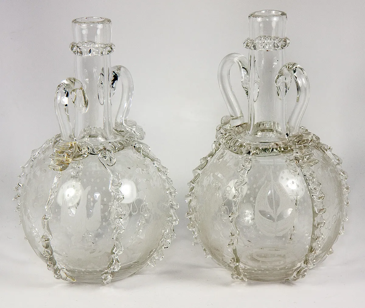 Pair (2) Antique 18th Century Dutch Engraved and Ruffled Blown Glass Wine Decanters, Windmill