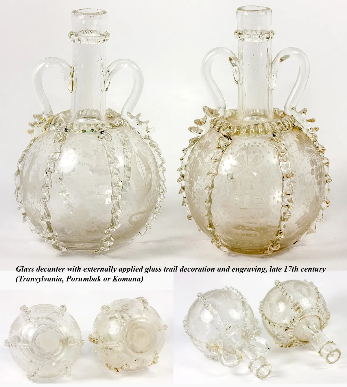 Pair (2) Antique 18th Century Dutch Engraved and Ruffled Blown Glass Wine Decanters, Windmill