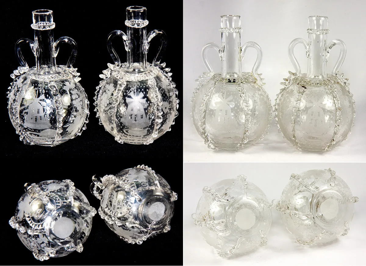 Pair (2) Antique 18th Century Dutch Engraved and Ruffled Blown Glass Wine Decanters, Windmill