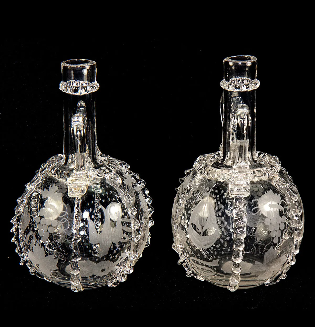 Pair (2) Antique 18th Century Dutch Engraved and Ruffled Blown Glass Wine Decanters, Windmill