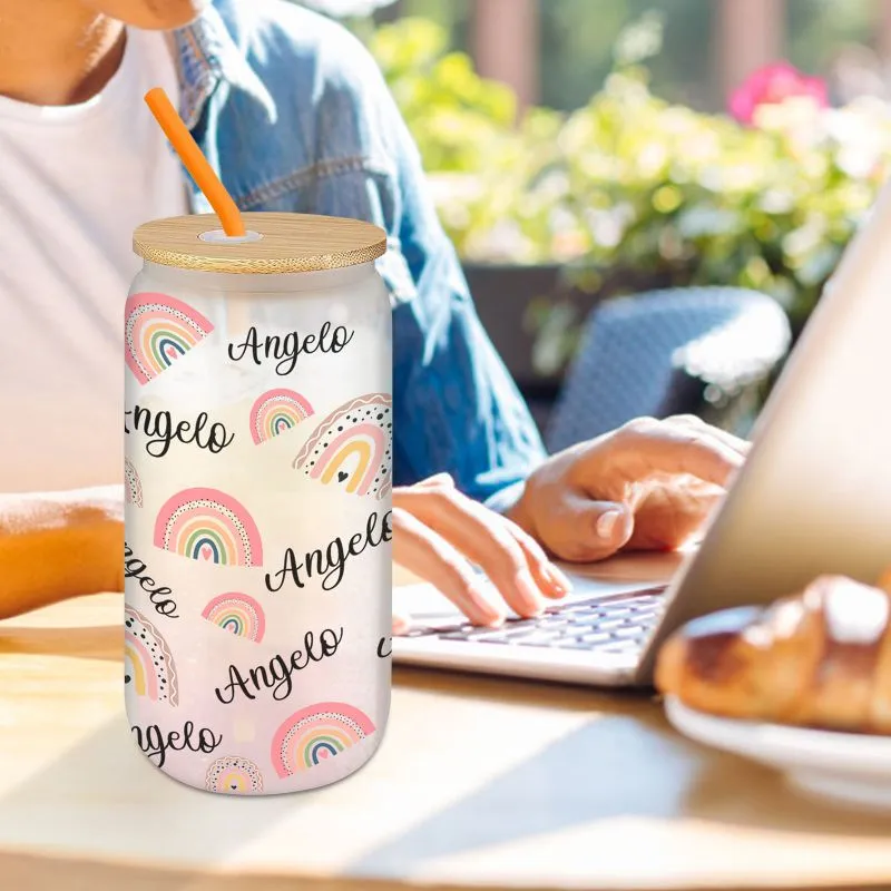 Personalized Frosted Glass Cups with Bamboo Lids and Straws 16 oz, Custom Iced Coffee Can Shaped Glass Tumbler with Name for Graduation