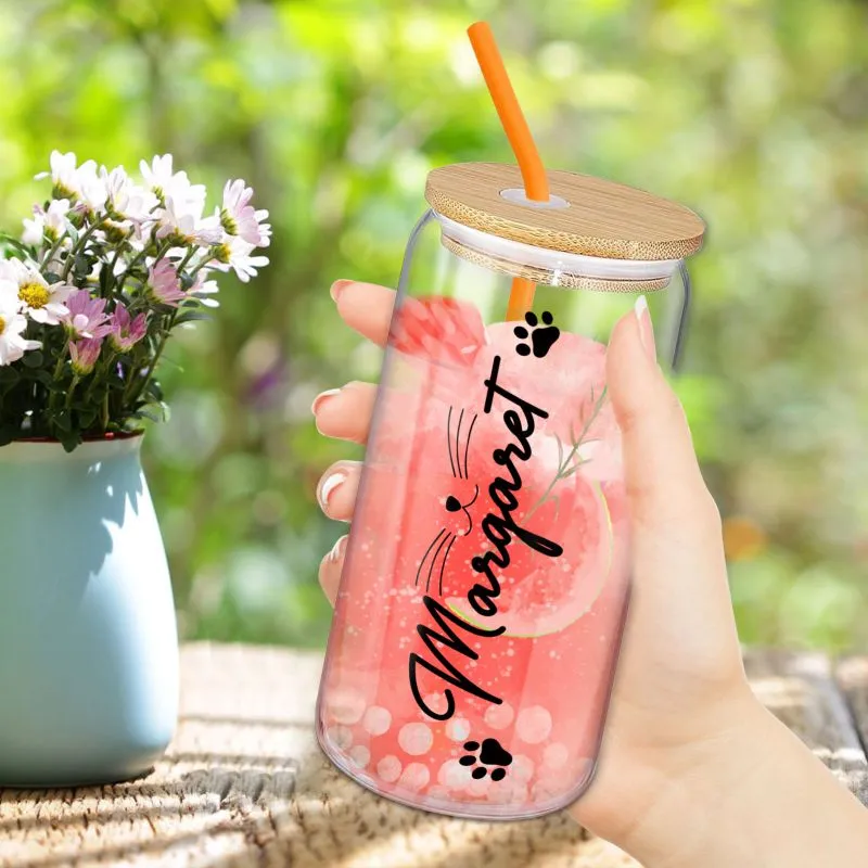 Personalized Frosted Glass Cups with Bamboo Lids and Straws 16 oz, Custom Iced Coffee Can Shaped Glass Tumbler with Name for Graduation