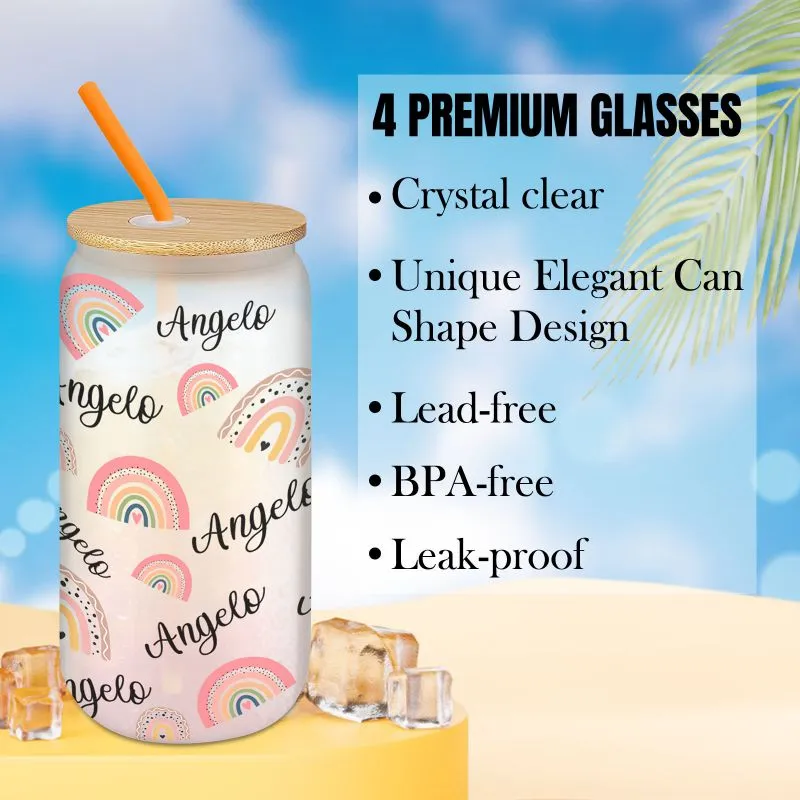 Personalized Frosted Glass Cups with Bamboo Lids and Straws 16 oz, Custom Iced Coffee Can Shaped Glass Tumbler with Name for Graduation