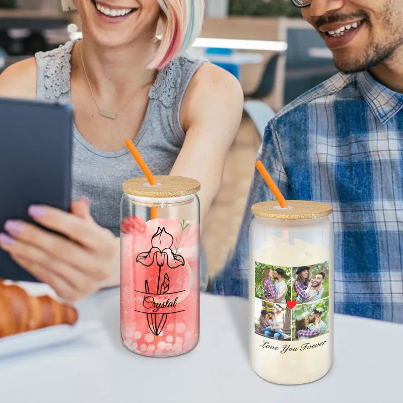 Personalized Frosted Glass Cups with Bamboo Lids and Straws 16 oz, Custom Iced Coffee Can Shaped Glass Tumbler with Name for Graduation