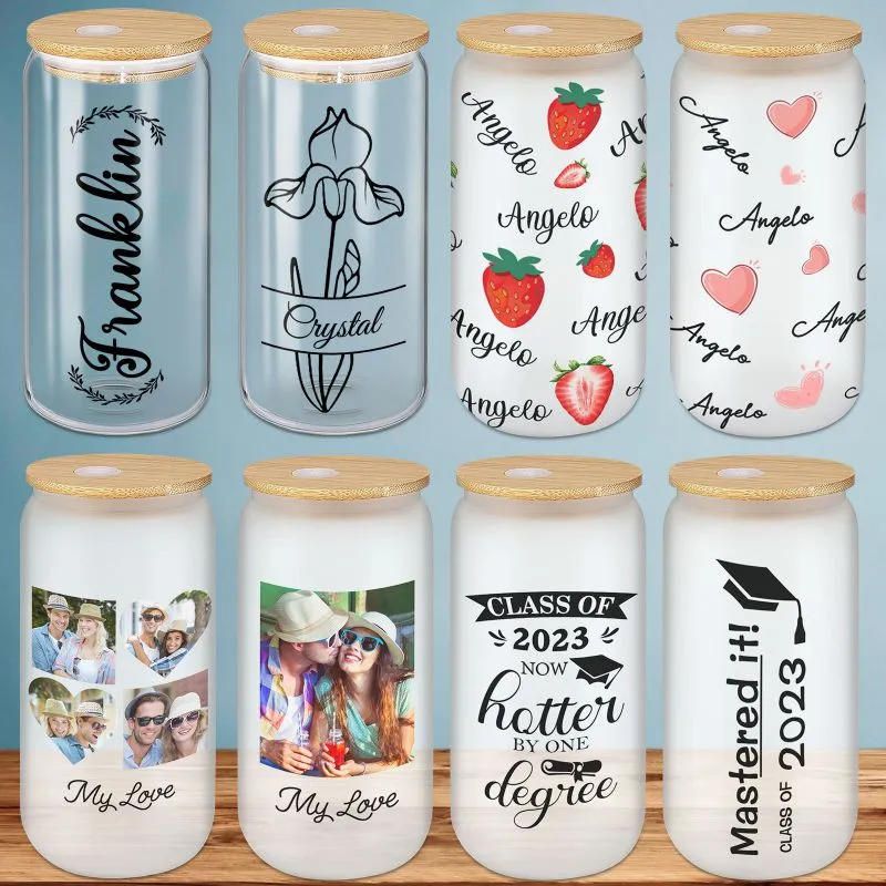 Personalized Frosted Glass Cups with Bamboo Lids and Straws 16 oz, Custom Iced Coffee Can Shaped Glass Tumbler with Name for Graduation