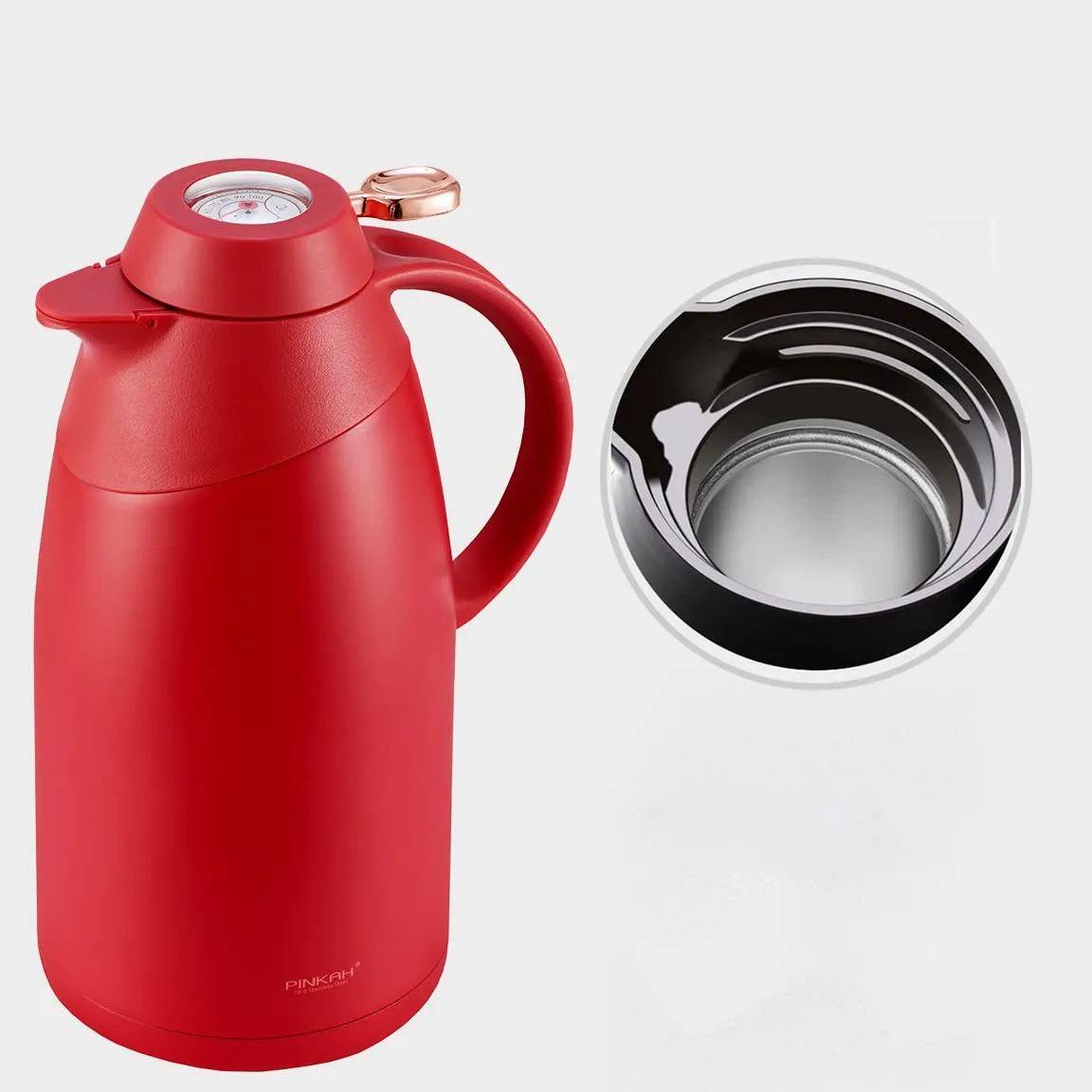 PINKAH Thermal Coffee Carafe 2L Stainless Steel Vacuum Thermos with Temperature Display Lid (Red)