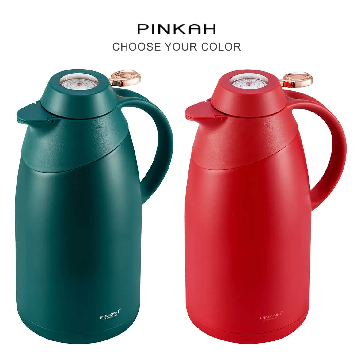 PINKAH Thermal Coffee Carafe 2L Stainless Steel Vacuum Thermos with Temperature Display Lid (Red)