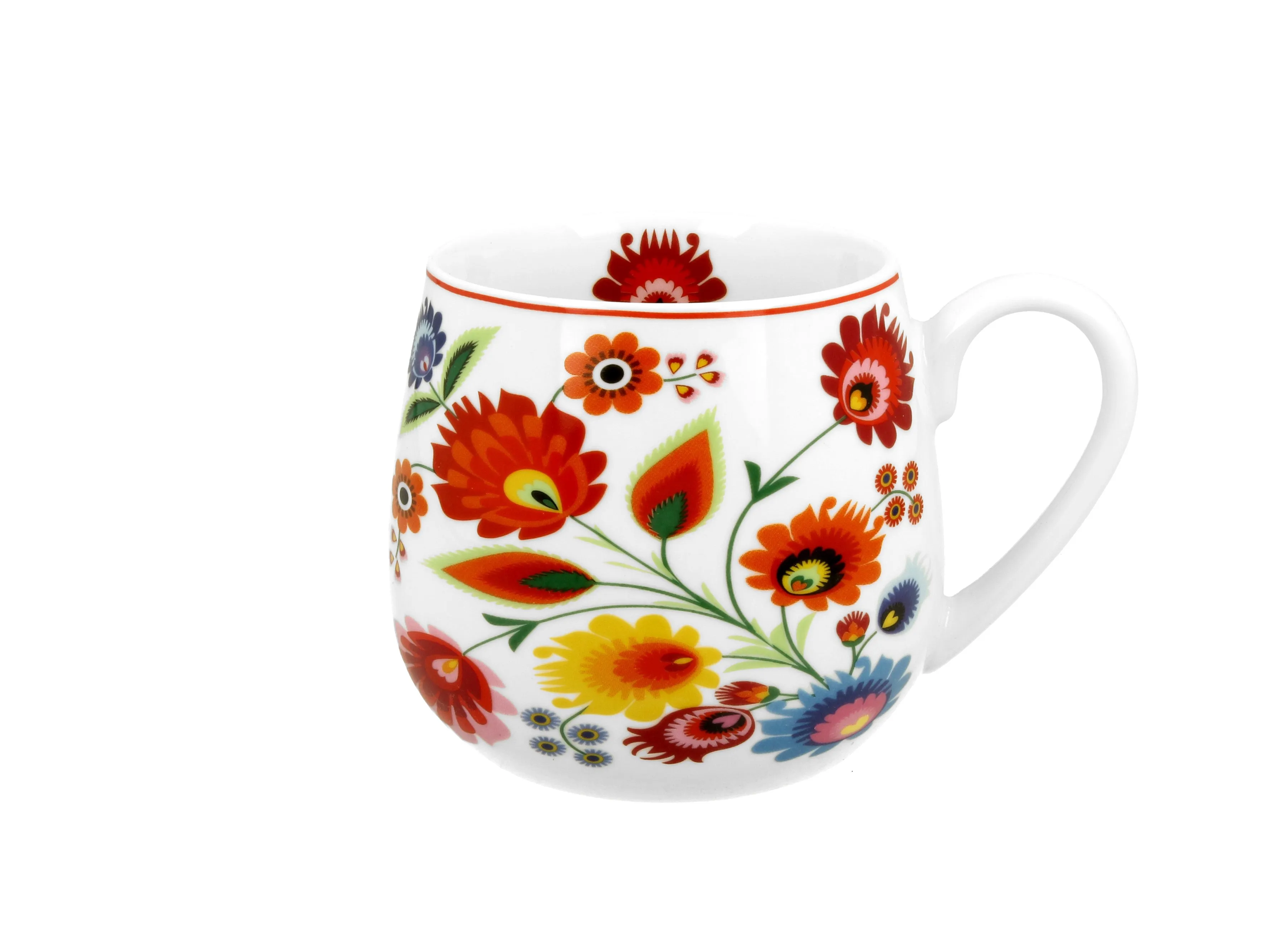 Polish Folk Art Porcelain Barrel Mug, 430ml - Lowicz White