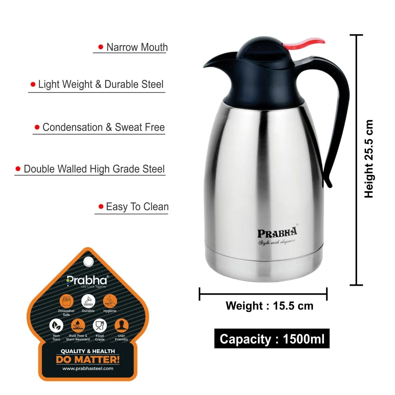 Prabha Stainless Steel Thermal Coffee Carafe - 1500ml Double Wall Vacuum Flask for Hot Coffee, Tea, and More