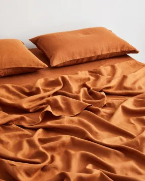 Pure Linen Bed Sheet with Pillow Covers | 3 Pc Set |Cinnamon Brown