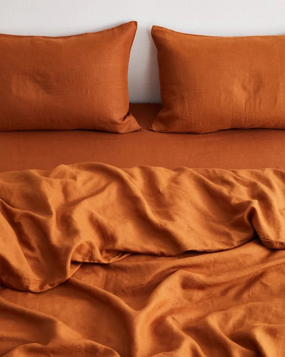 Pure Linen Bed Sheet with Pillow Covers | 3 Pc Set |Cinnamon Brown