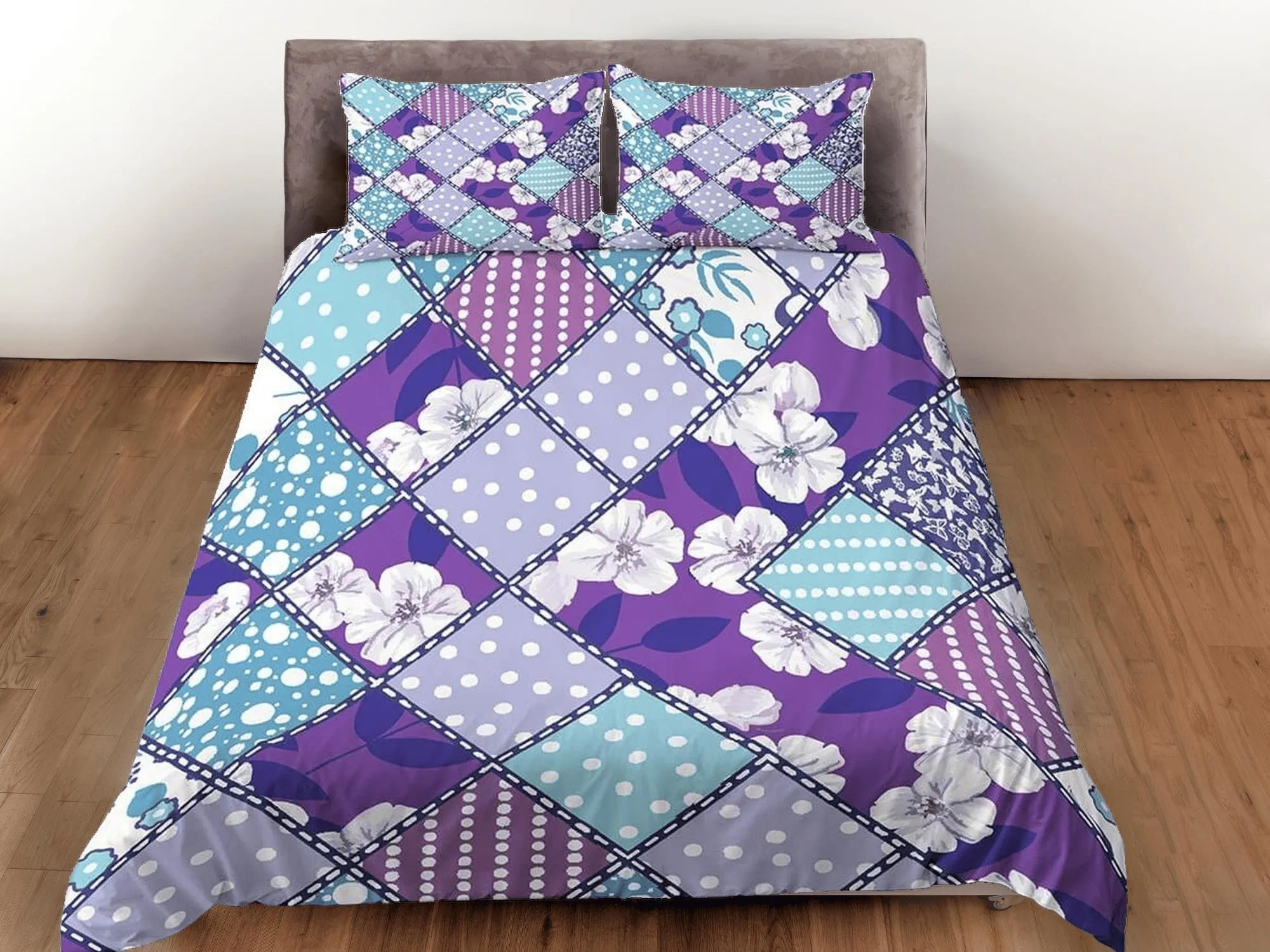 Purple floral patchwork quilt printed duvet cover set, aesthetic room decor bedding set full, king, queen size, boho bedspread shabby chic