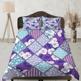 Purple floral patchwork quilt printed duvet cover set, aesthetic room decor bedding set full, king, queen size, boho bedspread shabby chic