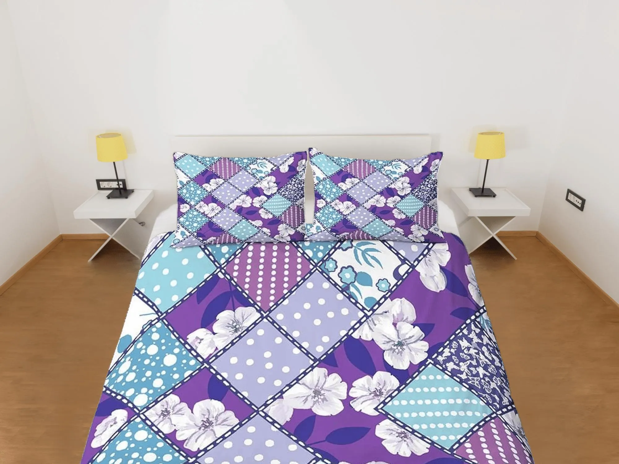 Purple floral patchwork quilt printed duvet cover set, aesthetic room decor bedding set full, king, queen size, boho bedspread shabby chic