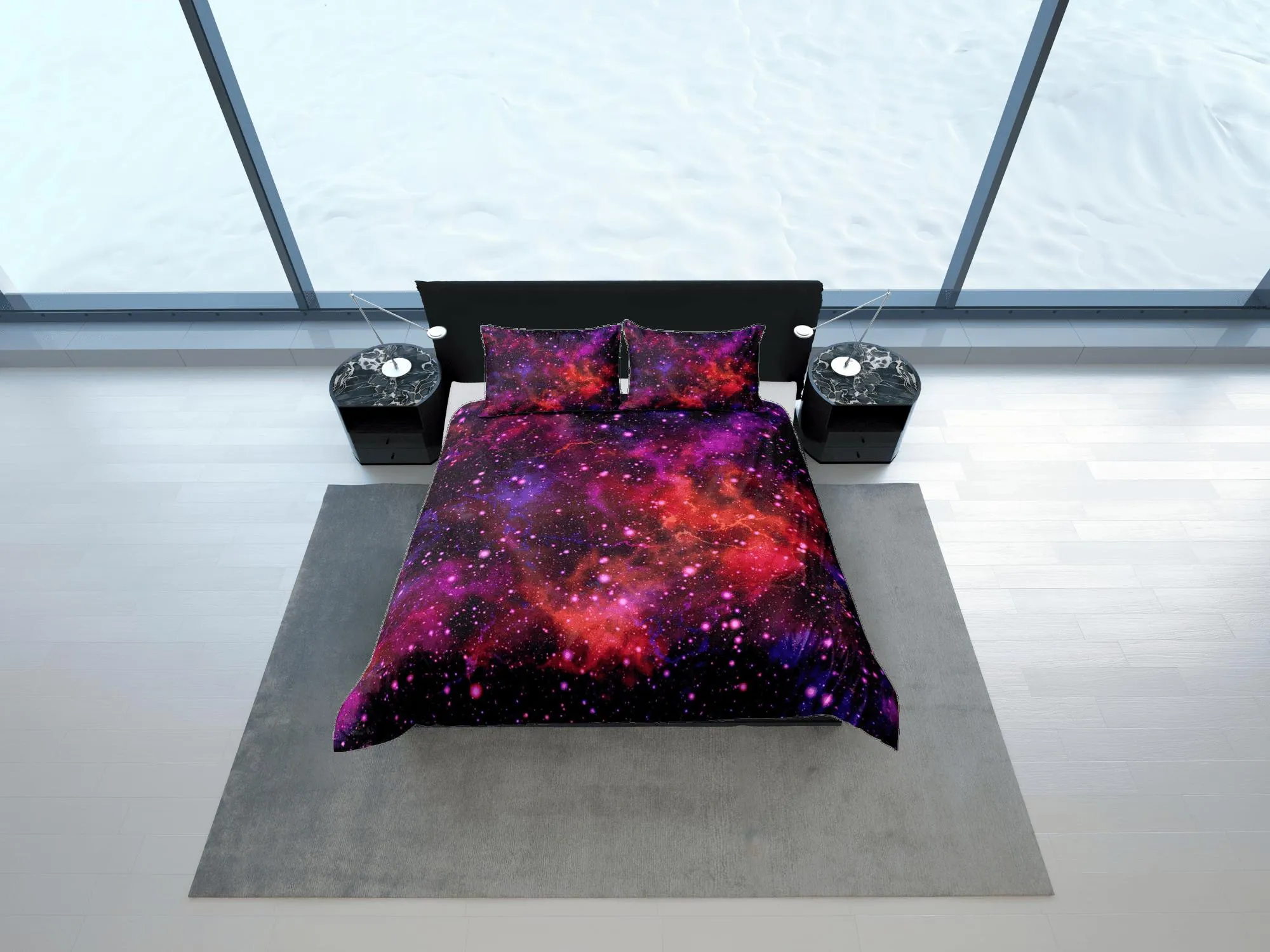 Purple orange galaxy bedding, 3D outer space bedding set full, cosmic duvet cover king, queen, dorm bedding, toddler bedding aesthetic duvet