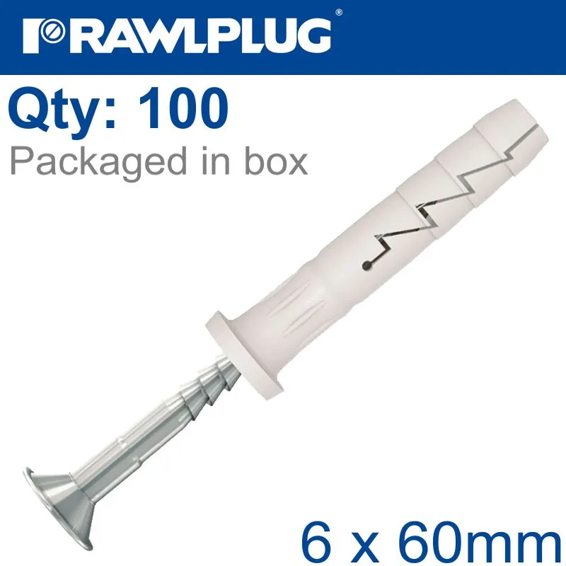 RAWLPLUG NYL NAIL-IN FIXING 6X60MM CYL HEAD X100-BOX RAW R-FX-N-06C060