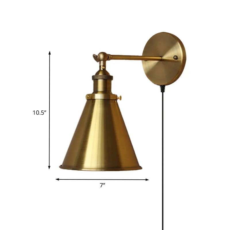 Retro Brass Metal Wall Light with Plug-In Cord - Tapered Bulb Wall Fixture for Living Room