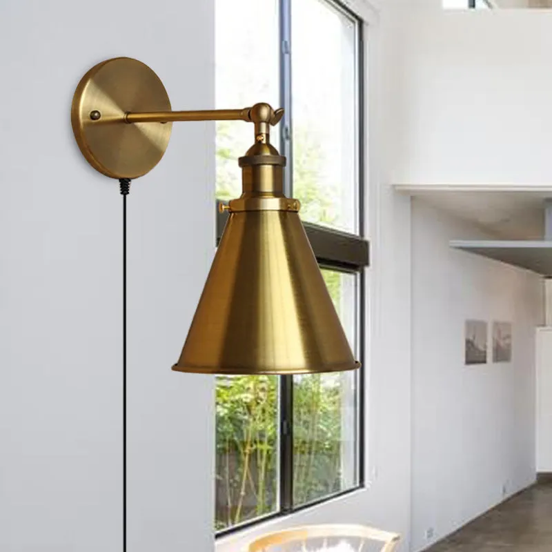 Retro Brass Metal Wall Light with Plug-In Cord - Tapered Bulb Wall Fixture for Living Room