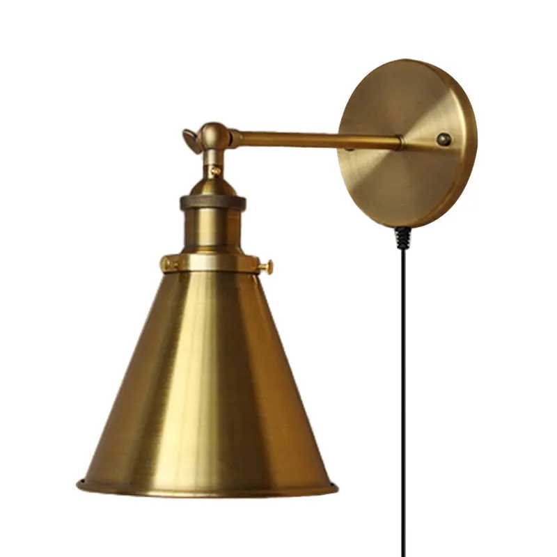 Retro Brass Metal Wall Light with Plug-In Cord - Tapered Bulb Wall Fixture for Living Room