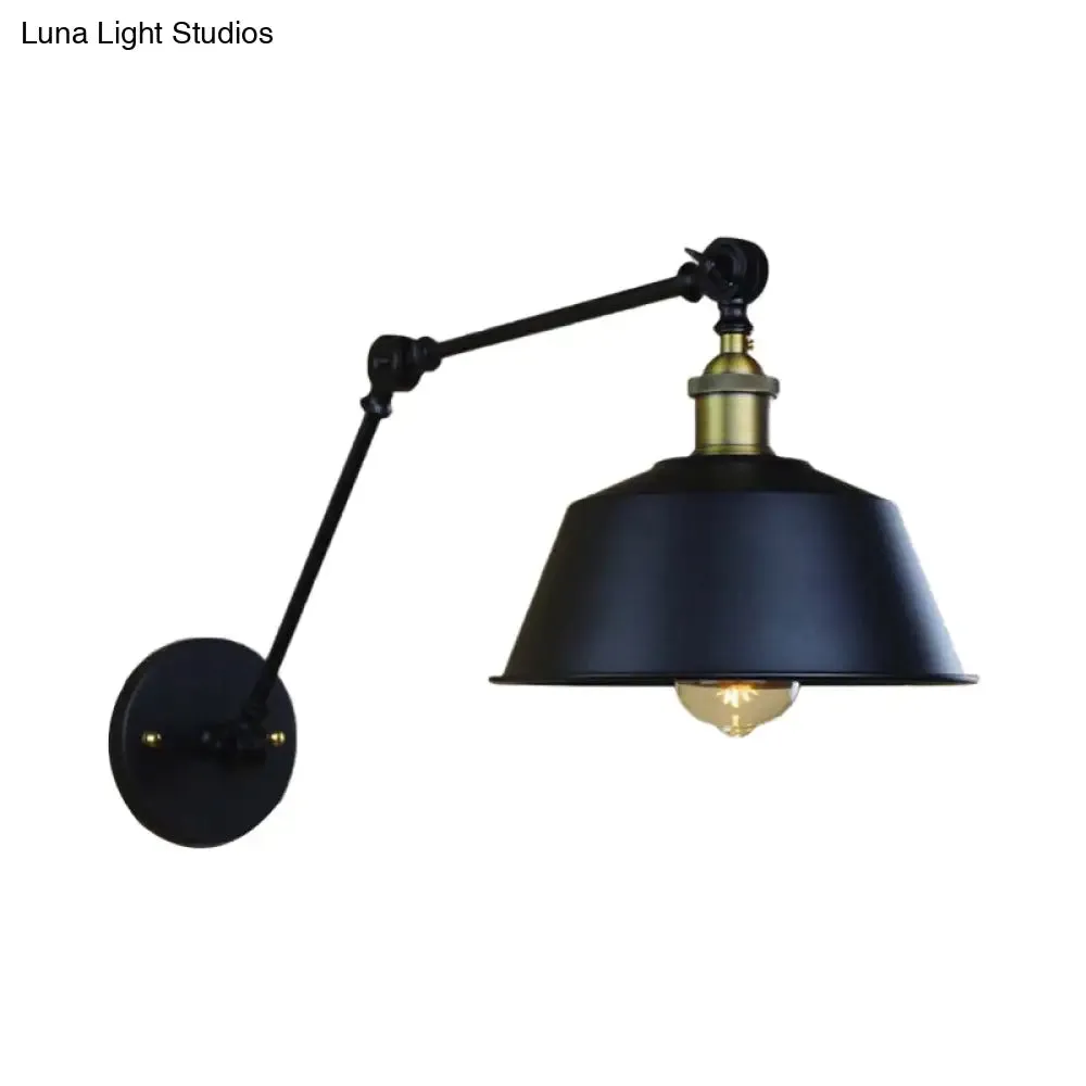 Retro Swing Arm Sconce Lighting - Metallic Wall Light Fixture with Tapered Shade in Black