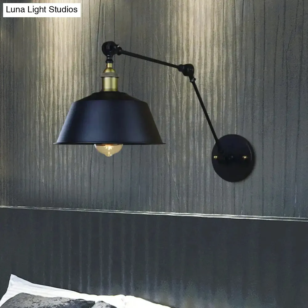 Retro Swing Arm Sconce Lighting - Metallic Wall Light Fixture with Tapered Shade in Black