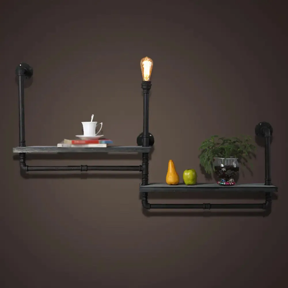 Rustic Iron Wall Lamp with Water Pipe Shelf for Restaurants - Black Finish