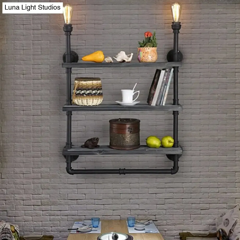 Rustic Iron Wall Lamp with Water Pipe Shelf for Restaurants - Black Finish