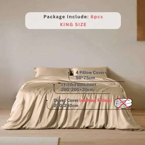 Silky Satin, King Size  6-Piece Bedding Set, Plain Beige Color.