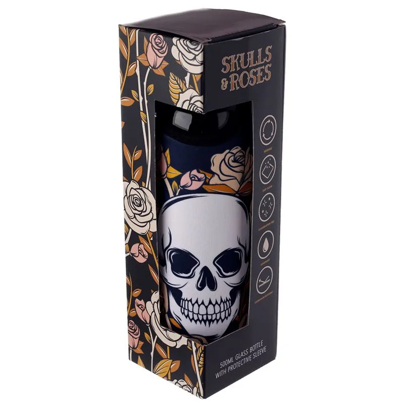 Skulls & Roses Reusable Glass Water Bottle with Protective Neoprene Sleeve