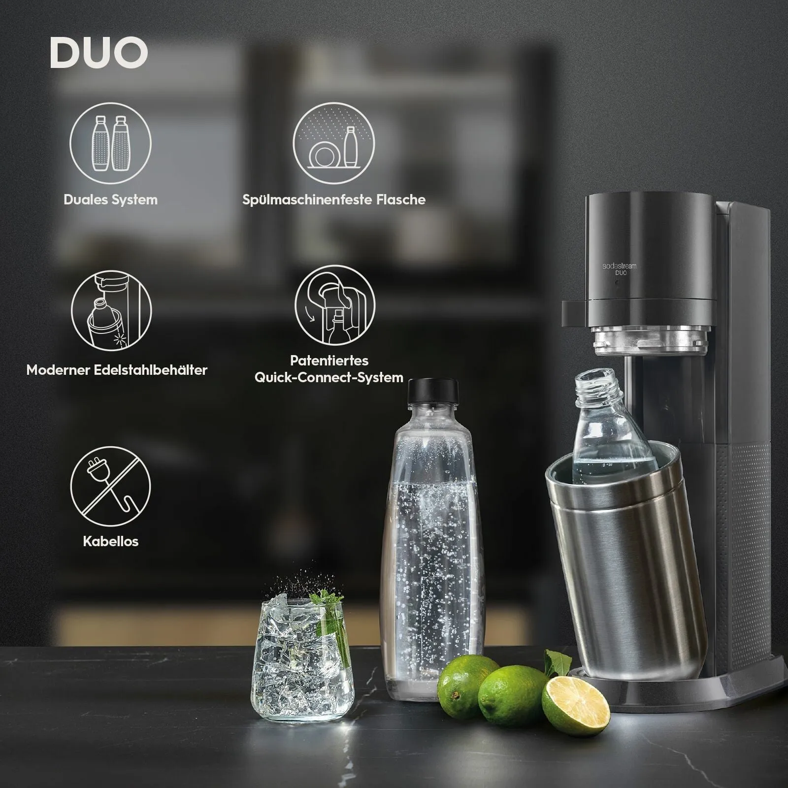 SodaStream - (3-piece set) Duo Starter Kit sparkling water maker incl. glass / plastic bottle (1016802490) - Titanium