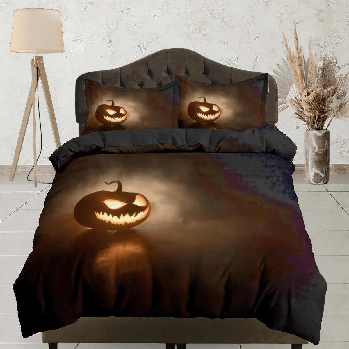 Spooky pumpkin simple halloween bedding & pillowcase, gothic duvet cover, dorm bedding, goth decor toddler bedding, halloween gift