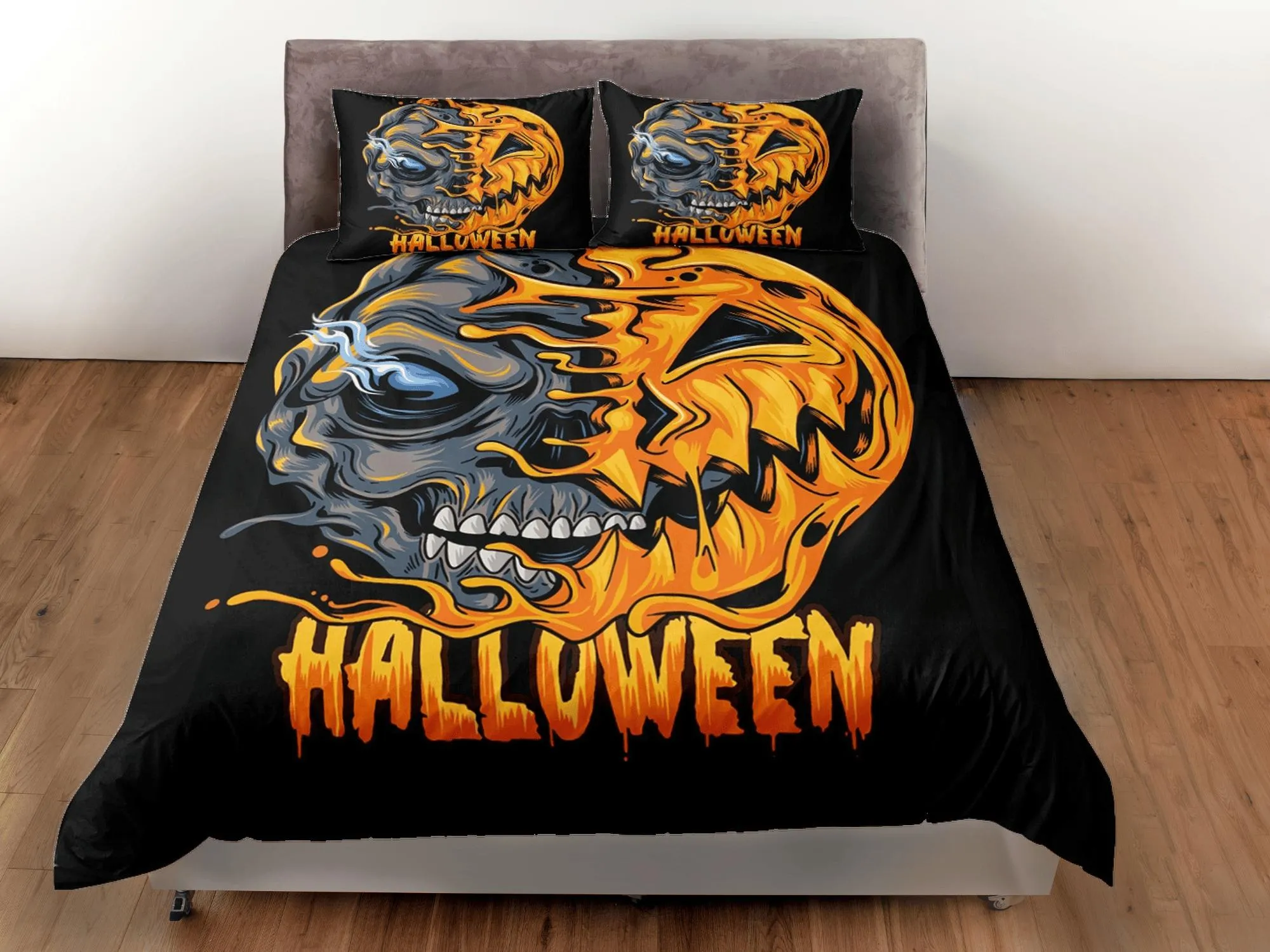 Spooky pumpkin zombie face off halloween bedding & pillowcase, gothic duvet cover, dorm bedding, goth decor toddler bedding, halloween gift