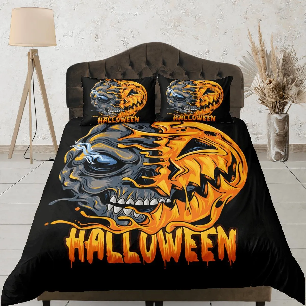 Spooky pumpkin zombie face off halloween bedding & pillowcase, gothic duvet cover, dorm bedding, goth decor toddler bedding, halloween gift