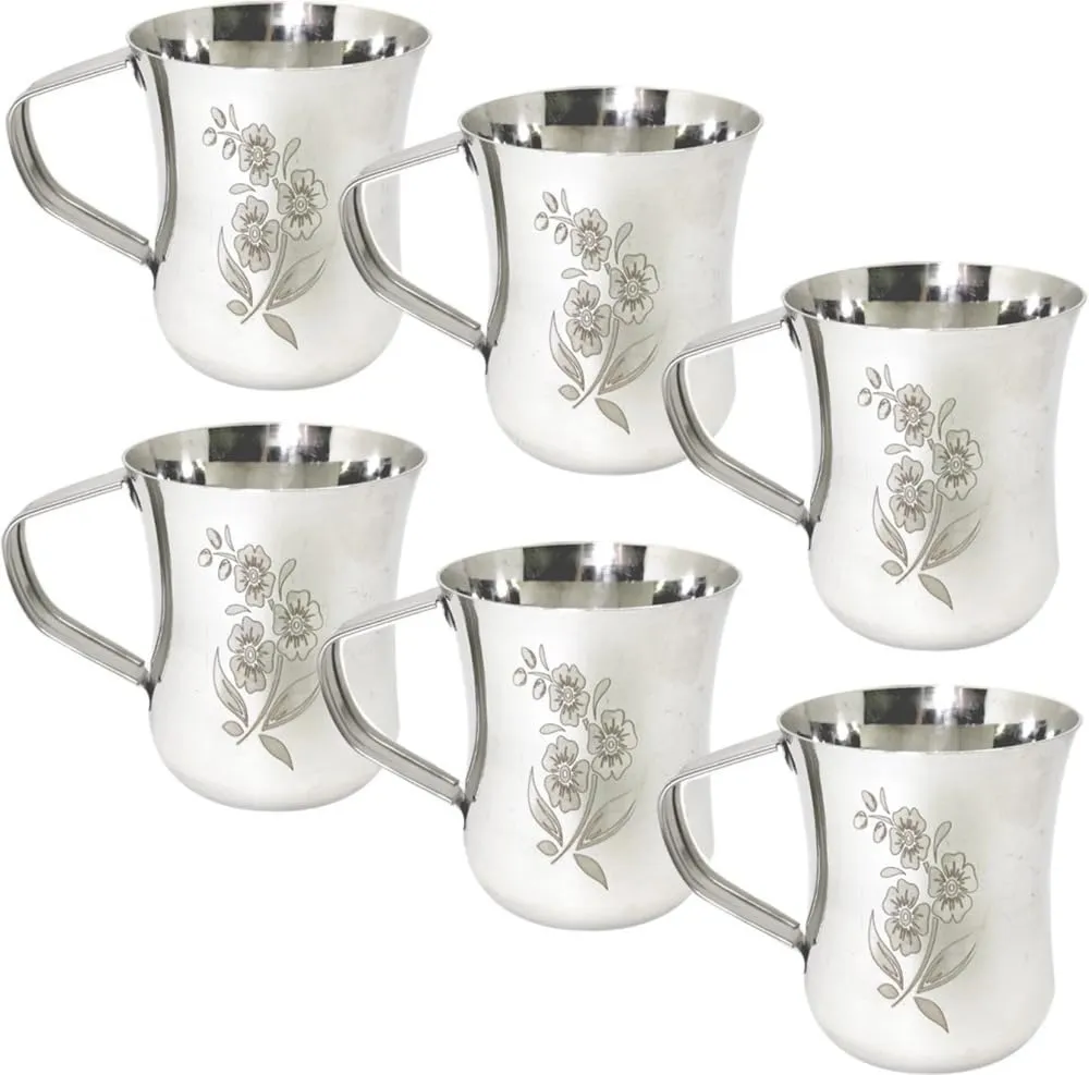 S.R.B.B Stainless Steel Tea/Coffee Cup Set, 200 ml, Set of 6, Silver Design