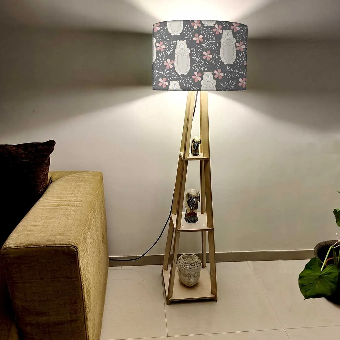 Standing Wooden Tripod Light  -   Bear and Flower