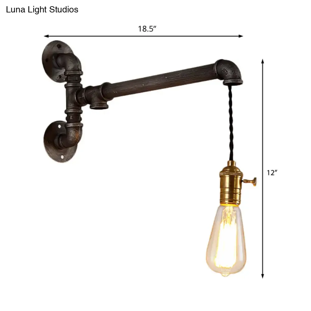 Steampunk Open Bulb Wall Light in Aged Silver - Hanging Cord and Pipe - 1 Light Metal Wall Mount Fixture