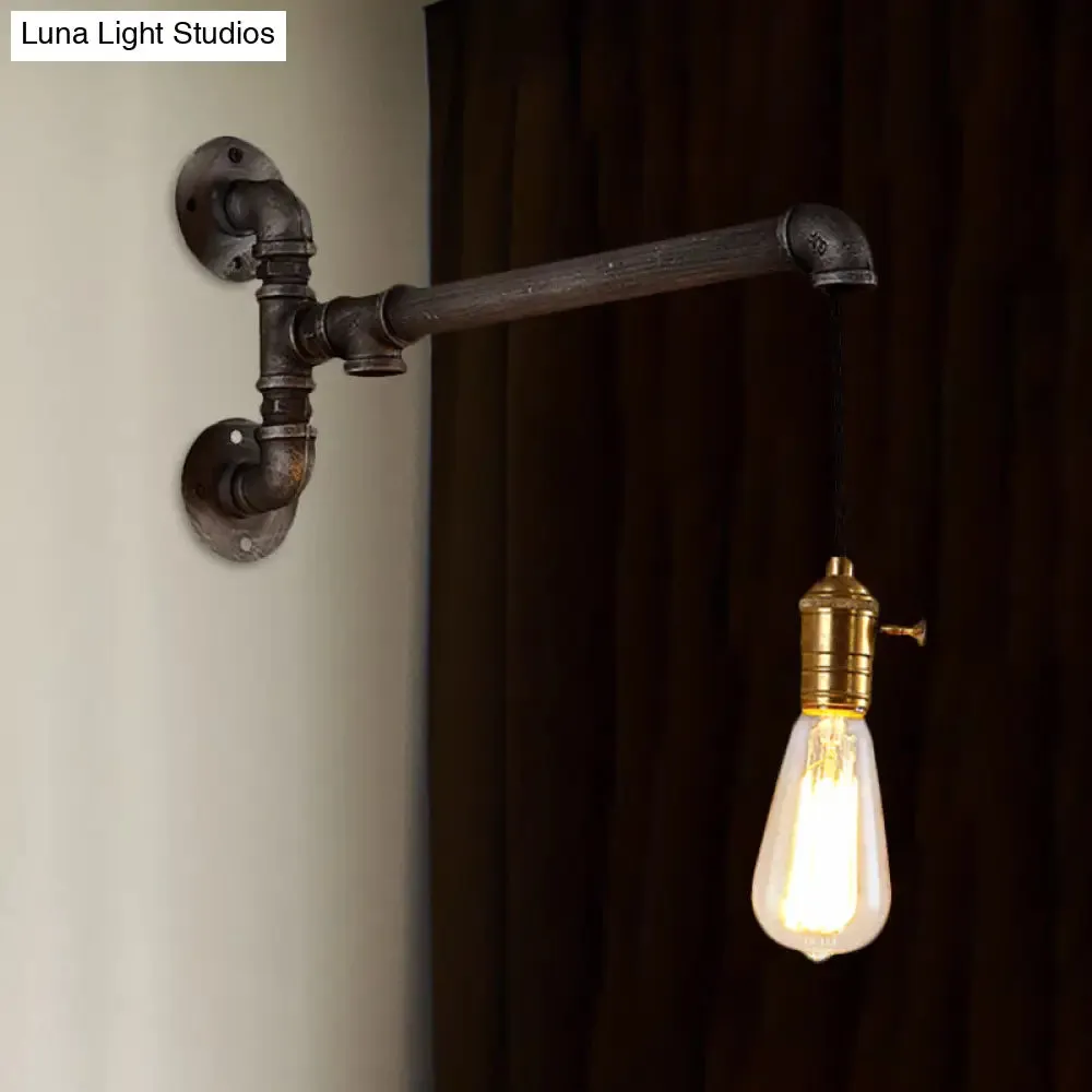 Steampunk Open Bulb Wall Light in Aged Silver - Hanging Cord and Pipe - 1 Light Metal Wall Mount Fixture