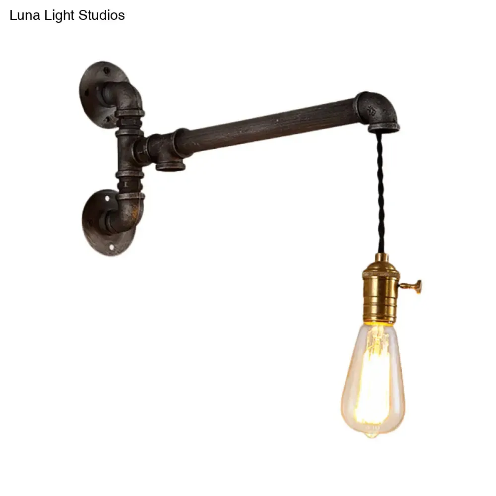 Steampunk Open Bulb Wall Light in Aged Silver - Hanging Cord and Pipe - 1 Light Metal Wall Mount Fixture