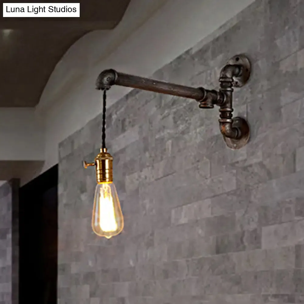 Steampunk Open Bulb Wall Light in Aged Silver - Hanging Cord and Pipe - 1 Light Metal Wall Mount Fixture