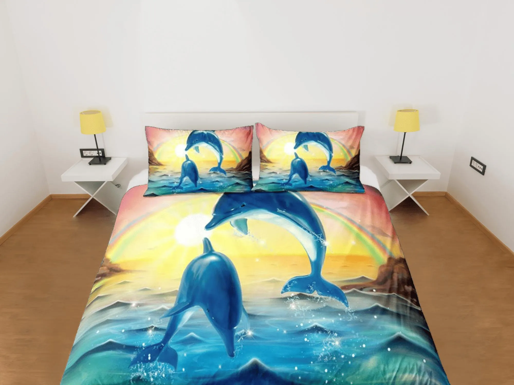 Sunset dolphins bedding tropical duvet cover, ocean blush decor bottle nose dolphin bedding set full king queen twin, dorm bedding gift