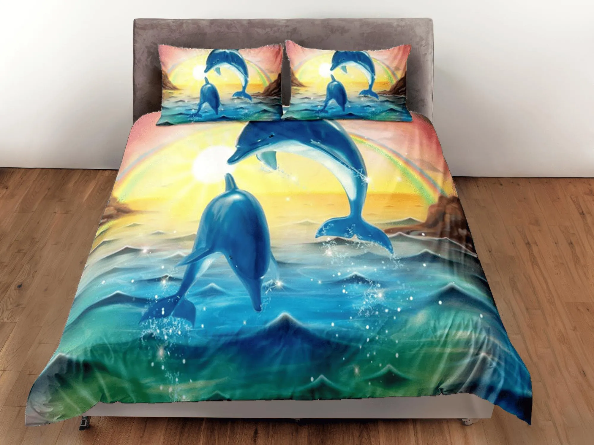 Sunset dolphins bedding tropical duvet cover, ocean blush decor bottle nose dolphin bedding set full king queen twin, dorm bedding gift