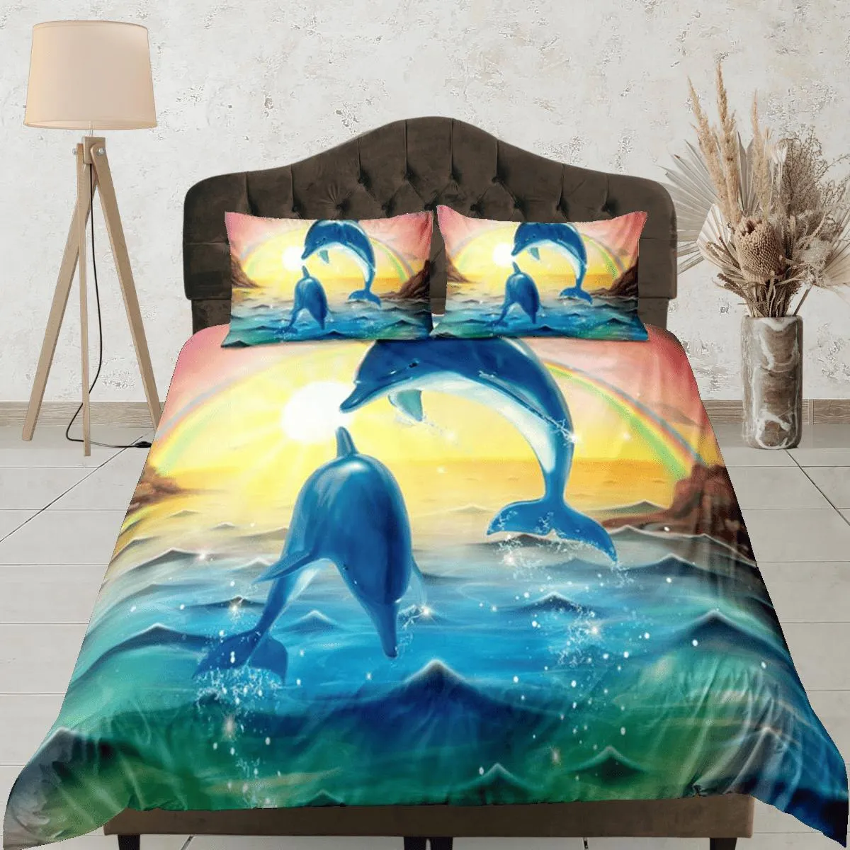 Sunset dolphins bedding tropical duvet cover, ocean blush decor bottle nose dolphin bedding set full king queen twin, dorm bedding gift