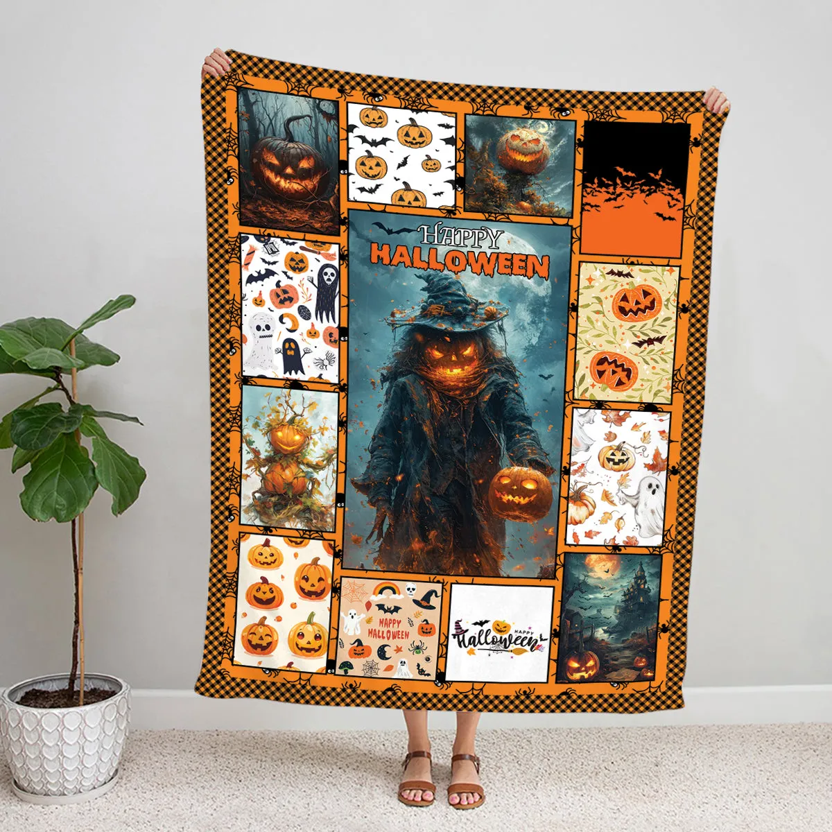 Teesdily | Halloween Pumpkin Blanket, Halloween Skeleton Pumpkin Throw Blanket, Happy Halloween Grim Reaper Sofa Blanket, Halloween Gift Family