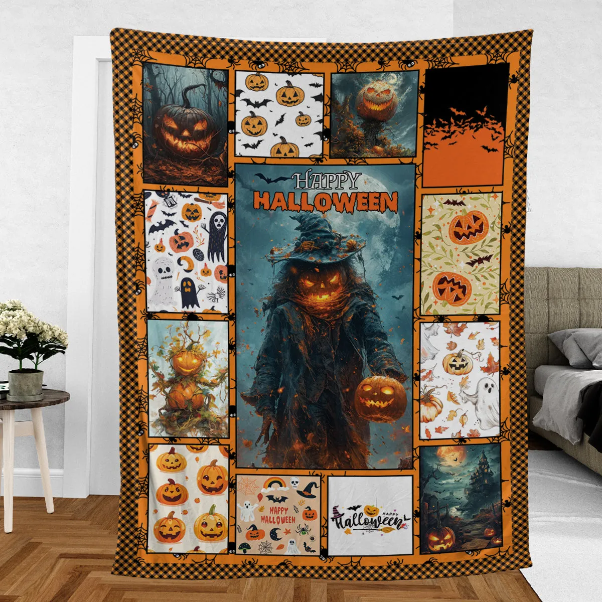 Teesdily | Halloween Pumpkin Blanket, Halloween Skeleton Pumpkin Throw Blanket, Happy Halloween Grim Reaper Sofa Blanket, Halloween Gift Family